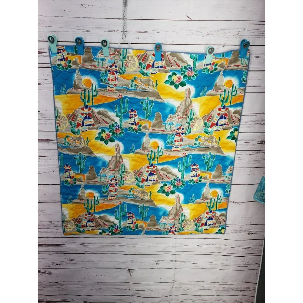 South Western Mexican Lap Baby‎ Blanket Blue Southwestern Quilt Vintage Boho
